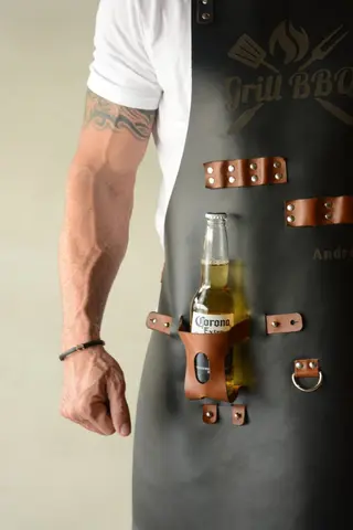 Close-up of the leather beer holder holding a bottle